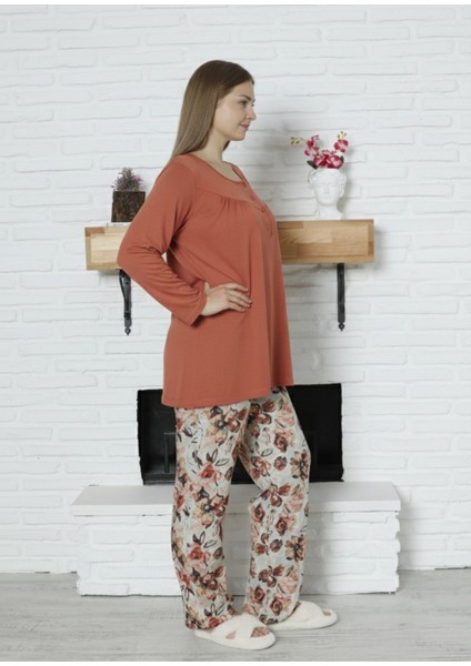 Viskon Büyük Beden Desenli Yeşil Pijama Takımı %100 Pamuk Kiremit