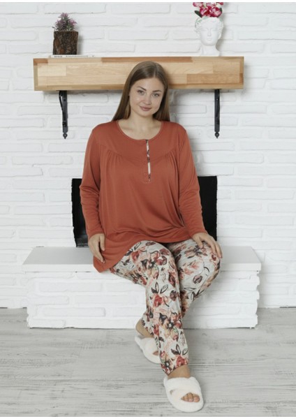 Viskon Büyük Beden Desenli Yeşil Pijama Takımı %100 Pamuk Kiremit fiyatları