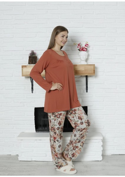 Viskon Büyük Beden Desenli Yeşil Pijama Takımı %100 Pamuk Kiremit modelleri