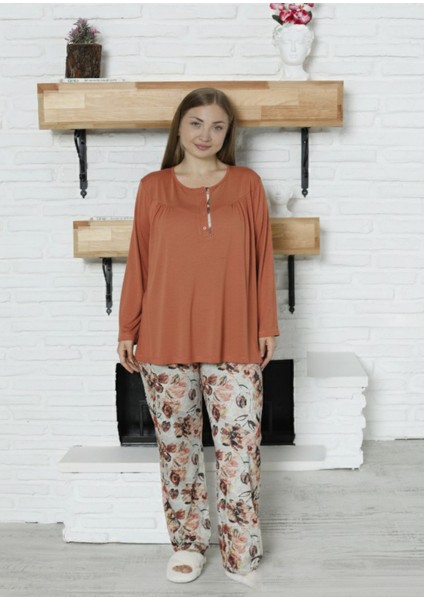 Viskon Büyük Beden Desenli Yeşil Pijama Takımı %100 Pamuk Kiremit fırsatları