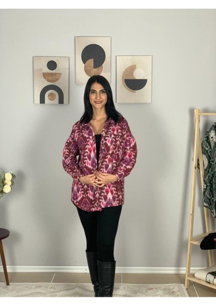 Kadın Tek Cepli Desenli Kalın Oduncu Ceket Gömlek (Fuşya) Standar