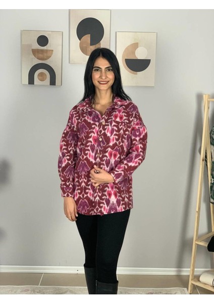 Kadın Tek Cepli Desenli Kalın Oduncu Ceket Gömlek (Fuşya) Standar modelleri