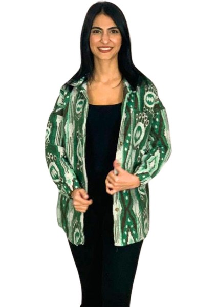 Kadın Tek Cepli Desenli Kalın Oduncu Ceket Gömlek (Yeşil) Standar