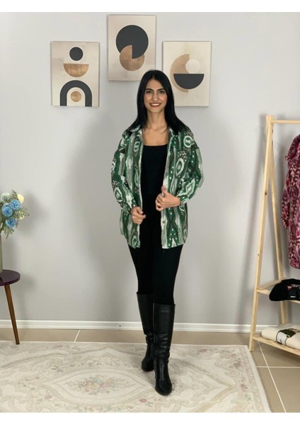 Kadın Tek Cepli Desenli Kalın Oduncu Ceket Gömlek (Yeşil) Standar fiyatları