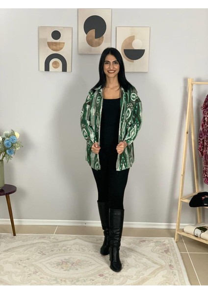 Kadın Tek Cepli Desenli Kalın Oduncu Ceket Gömlek (Yeşil) Standar modelleri