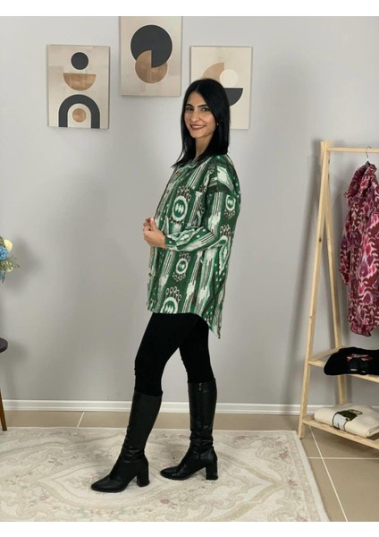 Kadın Tek Cepli Desenli Kalın Oduncu Ceket Gömlek (Yeşil) Standar fırsatları