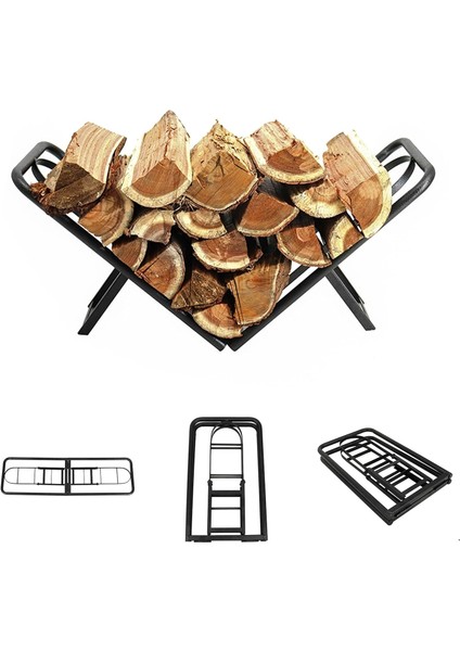 Katlanabilir Çelik Boru Şömine Odunluğu Siyah Metal Firewood Rack Iç/dış Mekân Odun Depolama Standı