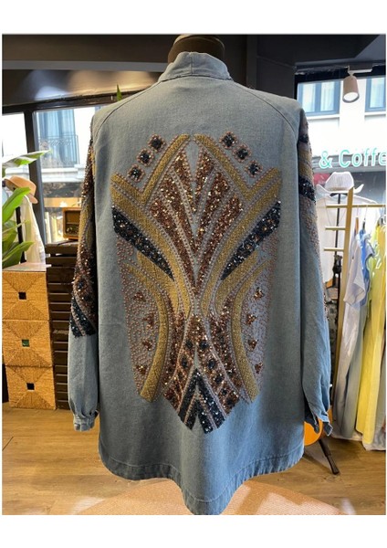 Kadın Taş Işlemeli %100 Pamuk Nakışlı Kot Kimono