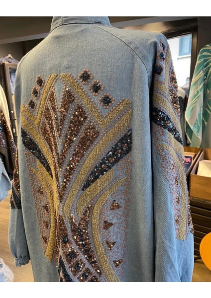 Kadın Taş Işlemeli %100 Pamuk Nakışlı Kot Kimono modelleri