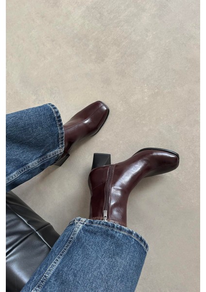 Trew Kadın Streç Topuklu Kırışık Deri Bot Bordo