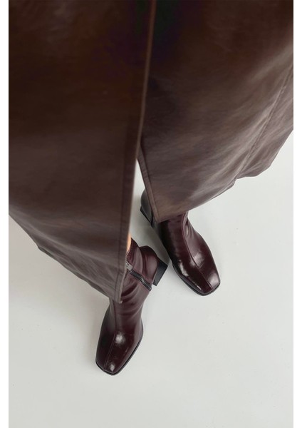 Trew Kadın Streç Topuklu Kırışık Deri Bot Bordo modelleri