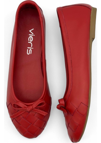 Chic Kırmızı Hakiki Deri Fiyonk Detaylı Kadın Günlük Babet