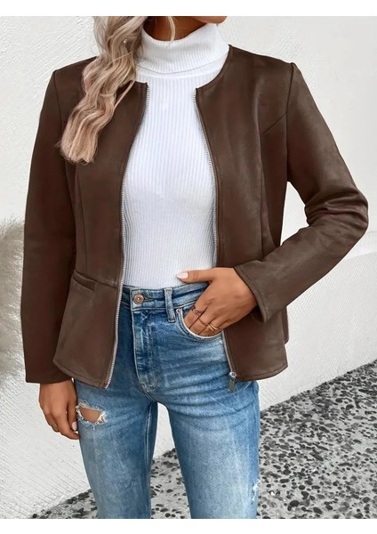 Kadın Uzun Kollu Yuvarlak Yaka Önden Fermuarlı Süet Ceket