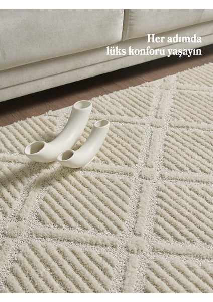 Modern Yumuşak Bukleli Salon Oturma Odası Yolluk Krem Halı