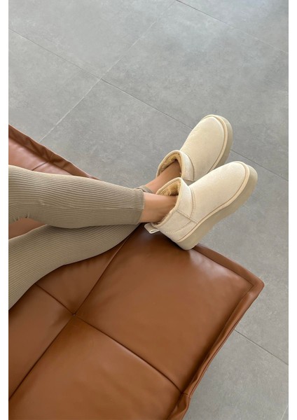 Tommo Kadın Içi Tüylü Kalın Taban Süet Yarım Bot Bej