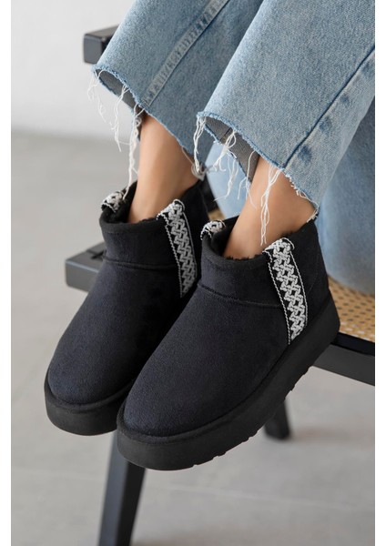 Rosso Kadın Içi Tüylü Kalın Taban Süet Yarım Bot Siyah