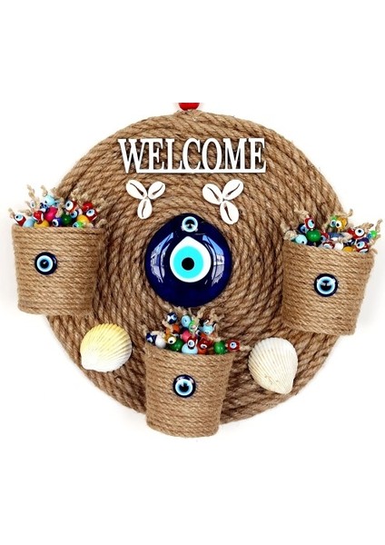 Üç Saksılı Welcome Yazılı Deniz Kabuklu Nazar Boncuklu Hasır Kapı Süsü modelleri
