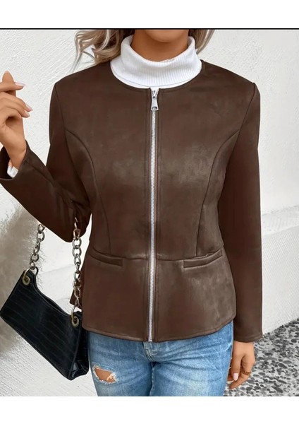 Kadın Uzun Kollu Yuvarlak Yaka Önden Fermuarlı Süet Ceket modelleri