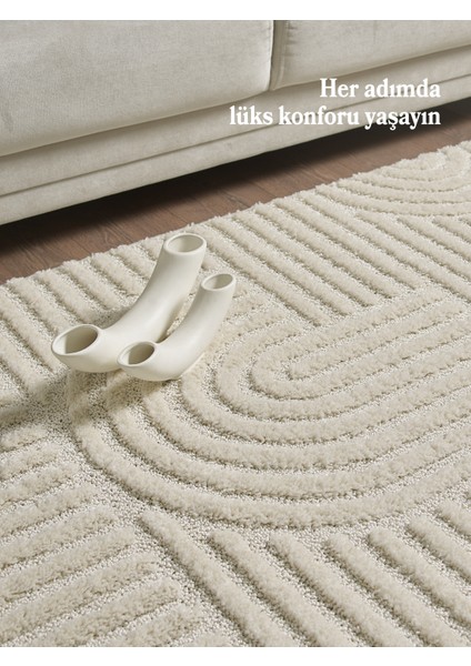 Modern Yumuşak Bukleli Salon Oturma Odası Yolluk Krem Halı