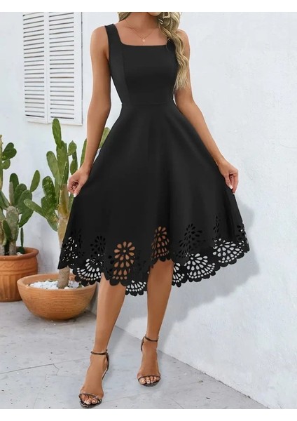 Kadın Askılı Geometrik Yaka Çiçek Lazer Kesim Ithal Krep Elbise fiyatları