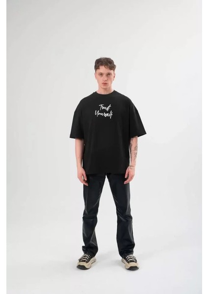 Unisex Bisiklet Yaka Baskılı Oversize T-Shirt - Siyah modelleri