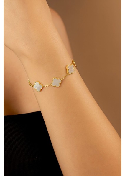 925 Ayar Gümüş Altın Kaplama Beyaz Yonca Kadın Bileklik