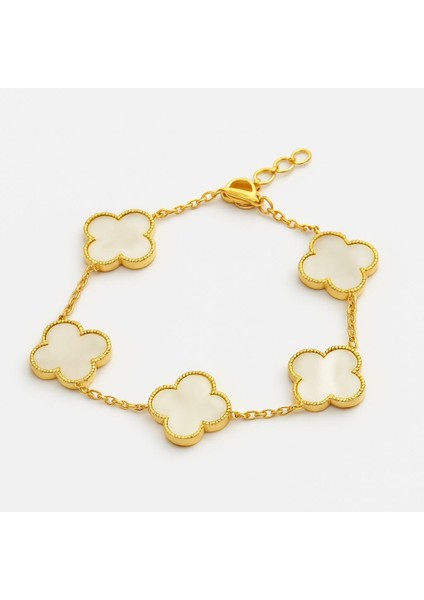 925 Ayar Gümüş Altın Kaplama Beyaz Yonca Kadın Bileklik fiyatları