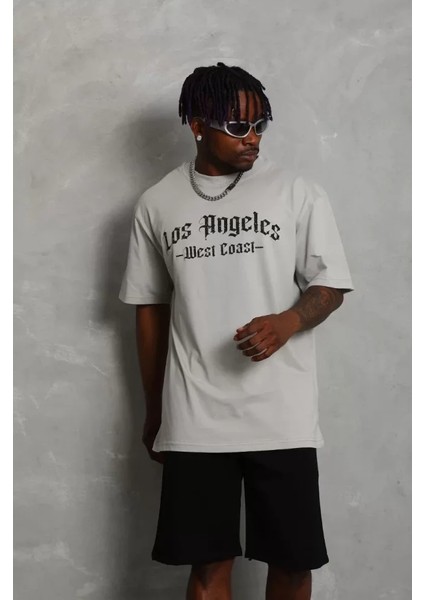 Unisex Oversize Baskılı Bisiklet Yaka T-Shirt - Gri