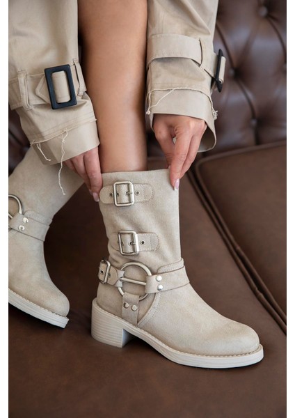 Senya Kadın Aksesuar Detay Süet Bot Bej modelleri