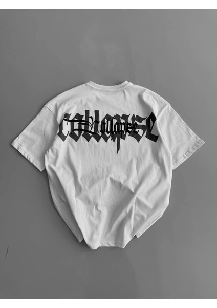 Baskılı Oversize Bisiklet Yaka T-Shirt - Beyaz