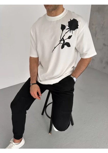 Unisex Bisiklet Yaka Baskılı Oversize T-Shirt - Beyaz