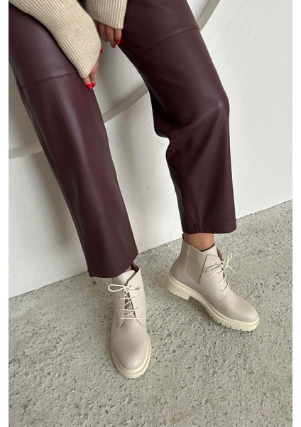 Pery Kadın Lastik Detay Deri Bot Bej