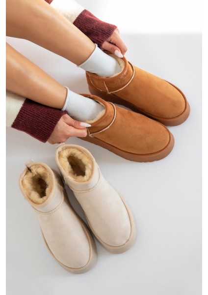 Novi Kadın Içi Tüylü Kalın Taban Süet Yarım Bot Bej