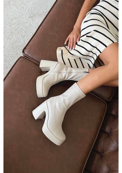 Balli Kadın Platform Topuk Deri Bot Bej