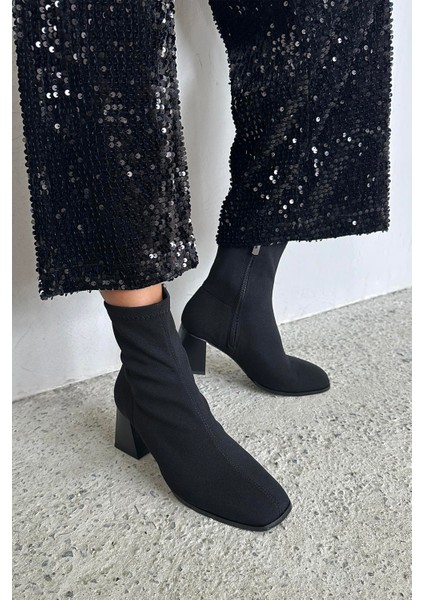 Trew Kadın Kumaş Streç Bilekli Orta Boy Topuklu Bot Siyah