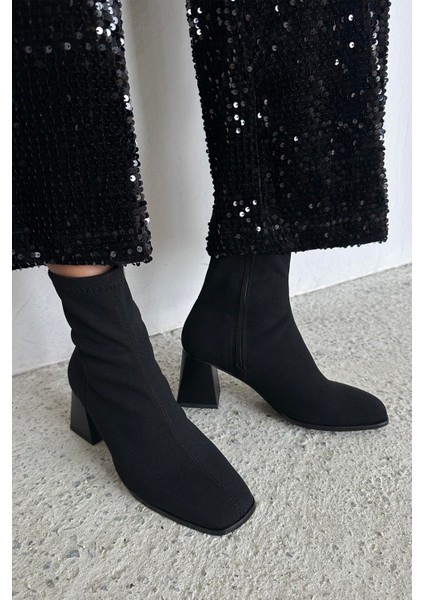 Trew Kadın Kumaş Streç Bilekli Orta Boy Topuklu Bot Siyah modelleri