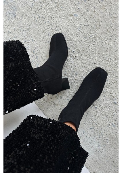 Trew Kadın Kumaş Streç Bilekli Orta Boy Topuklu Bot Siyah fırsatları