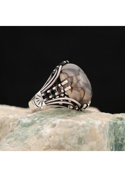 Çizgili Akik Taşlı 925 Ayar Gümüş Erkek Yüzük fiyatları