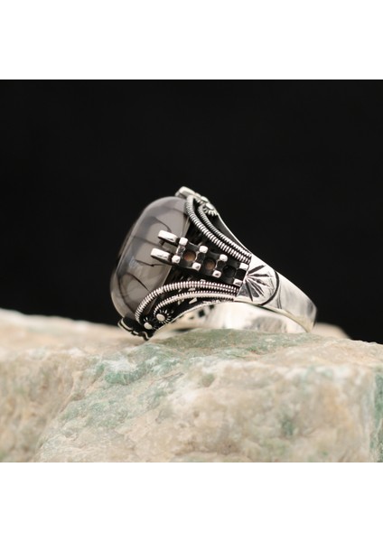 Çizgili Akik Taşlı 925 Ayar Gümüş Erkek Yüzük modelleri