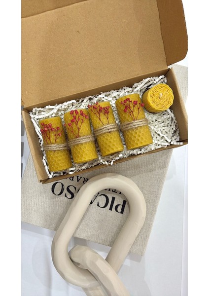 El Yapımı Organik Bal Mumu Mum – 7x3 cm 4 Adet Silindir, Jüt Ipli, Çiçek Detayl