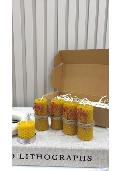 El Yapımı Organik Bal Mumu Mum – 7x3 cm 4 Adet Silindir, Jüt Ipli, Çiçek Detayl fiyatları