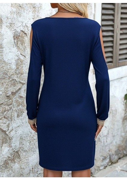 Kadın Uzun Kollu Omuzdan Açık V Dantel Yakalı Mini Waffle Elbise modelleri