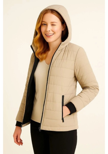 Kadın Şişme Kapüşonlu Fermuarlı Mont Su Itici Kapitone Astarlı Kumaş Cepli Kışlık Rahat Kalıp - Bej