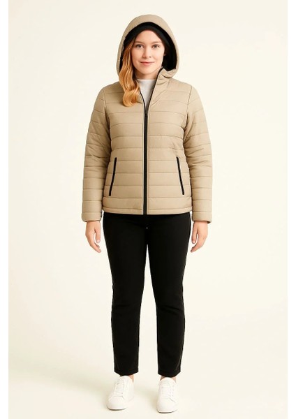 Kadın Şişme Kapüşonlu Fermuarlı Mont Su Itici Kapitone Astarlı Kumaş Cepli Kışlık Rahat Kalıp - Bej fiyatları