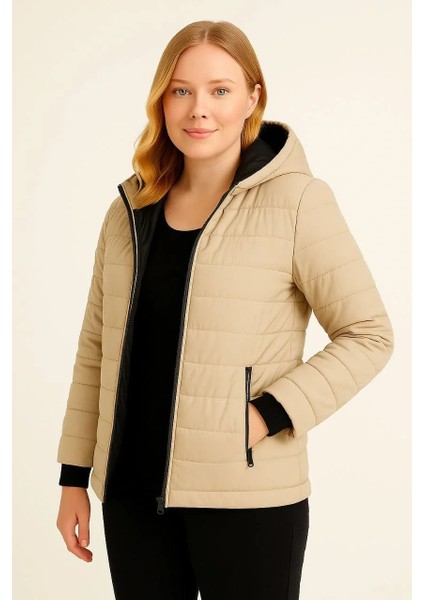 Kadın Şişme Kapüşonlu Fermuarlı Mont Su Itici Kapitone Astarlı Kumaş Cepli Kışlık Rahat Kalıp - Bej modelleri