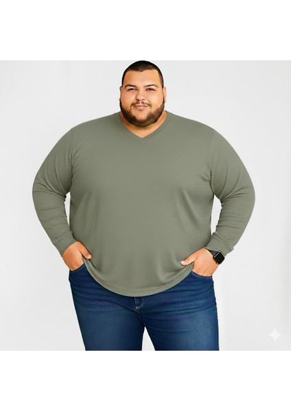 Erkek Büyük Beden Oversize Uzun Kollu V Yaka T-Shirt 3xl 4xl 5xl 6xl 7xl 8xl 9xl