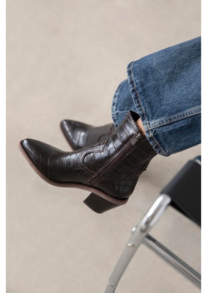 Jose Kadın Kroko Deri Topuklu Bot Kahve