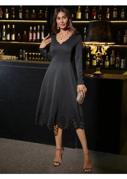 Kadın Uzun Kollu V Yakalı Lazer Kesim Detaylı Midi Ithal Krep Elbise modelleri