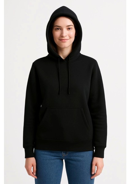 Üç Iplik Kapüşonlu Kanguru Çepli Sweatshirt Hoodie - Siyah modelleri