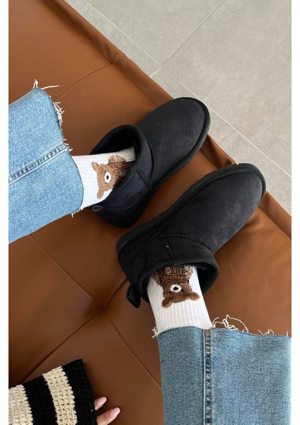 Asia Kadın Içi Tüylü Kalın Taban Süet Yarım Bot Siyah